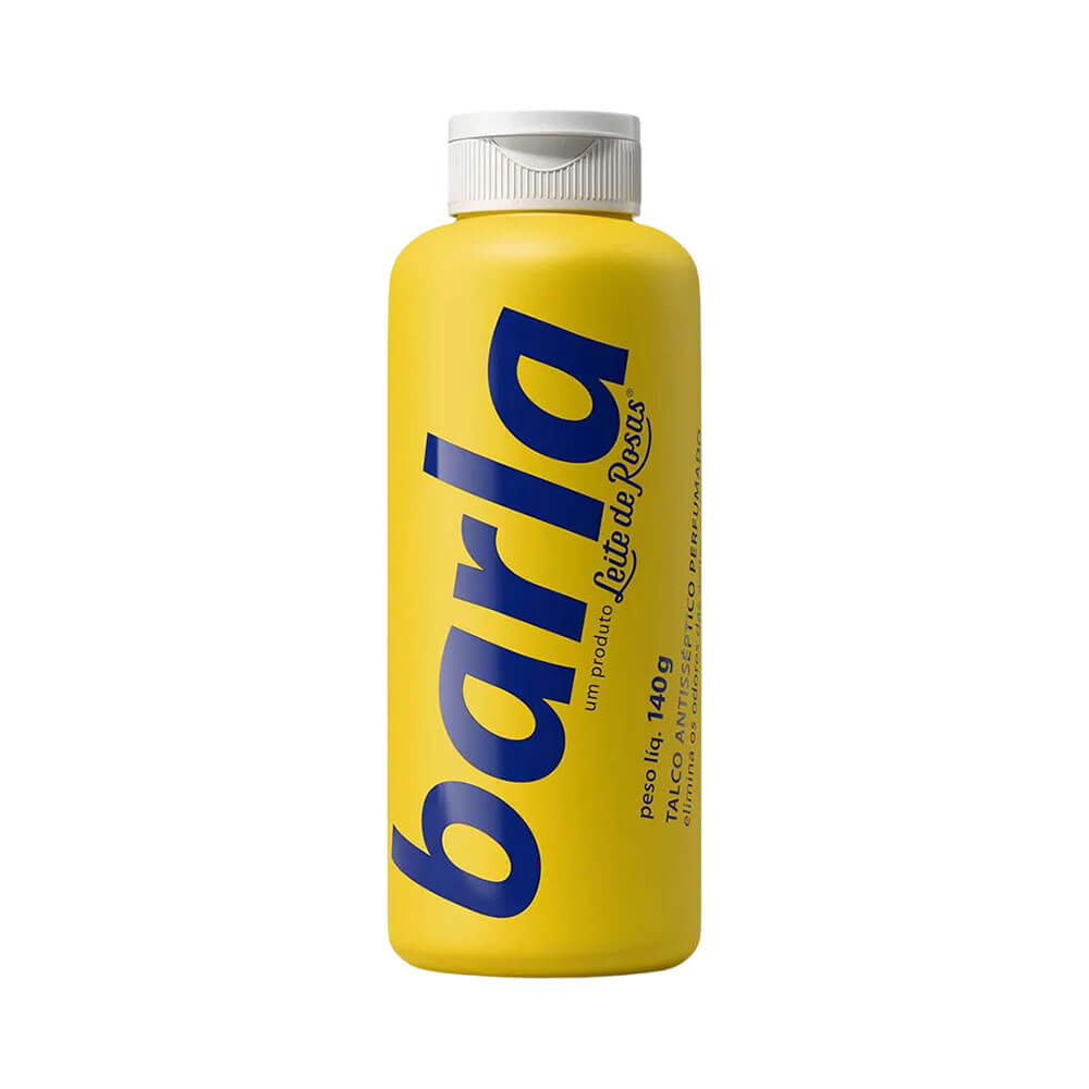 Frasco amarelo do Talco Barla Antisséptico Pes Perfumado 140g